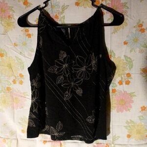 Ladies Large LOFT Black Blouse w Floral Stitching